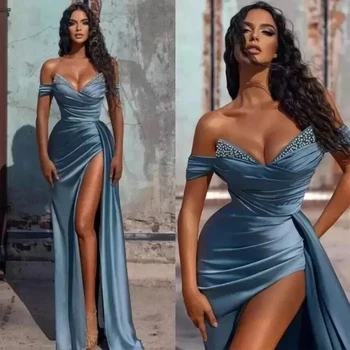 14714#IENA סקסי ערפל כחול חופש כתף חרוזים סאטן שמלת ערב בתולת ים עבור נשים שסף V-קפלים צוואר מחשוף גב נשף שמלת מסיבת