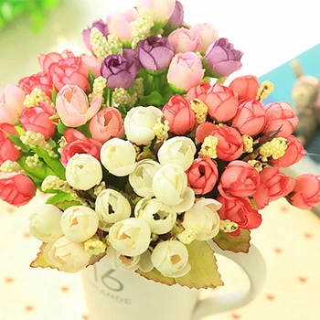 15 ראשי מיני רוז צבעוני משי, פרחים מלאכותיים עיצוב הבית עבור חתונה קטנה ורדים, זר קישוט להציג פרח