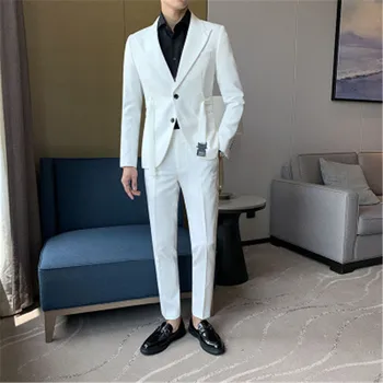 2 חתיכת חליפות עם מכנסיים יוקרה חליפות גברים להגדיר את החגורה מעצב Slim Fit לבן בלייזר חתונה נשף שמלת גבר מזדמן Ternos תחפושת