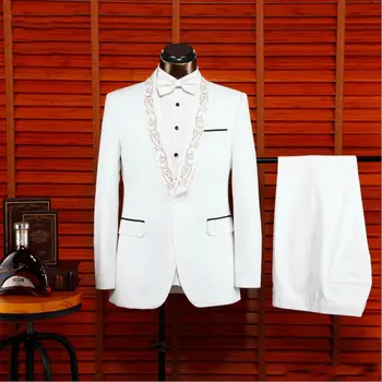 2020 גברים לבנים החתונה טוקסידו רקמה הצעיף דש גברים Slim Fit החליפה רשמית החתן נשף ערב פנאי בלייזר(ז ' קט+מכנסיים)