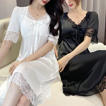 2022 קיץ, שרוול קצר סקסי תחרה V-צוואר משי משי כותונת לילה לנשים קוריאה חמוד קשת הלבשת לילה Nightdress שמלה הלילה-לילה