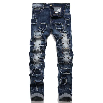 2023 גברים אופנה פאנק מסמרת ג 'ינס אופנת רחוב טלאים חורים קרועים במצוקה למתוח כחול, מכנסי ג' ינס דק ישר מכנסיים