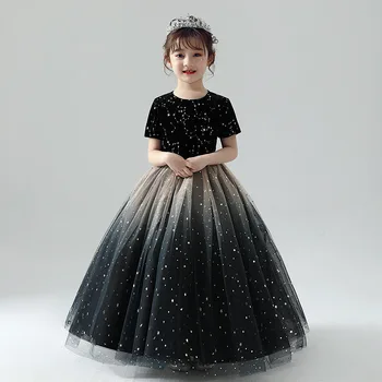 2023 חדש פרח שמלת ילדה נקבה שמלת נסיכה פלאפי חוט ארוך דגם חדש מסלול קטן המארח פסנתר ביצועים