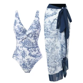 2023 חדשות 2 סטים הדפסה מסורתית V-צוואר חלק אחד של בגדי ים לנשים בסגנון רטרו Bodysuits Monokini חוף, בגדי ים בגדי ים