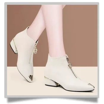 2023 ניו נשים אופנה מגפיים סתיו חורף עקבים גבוהים החדש מתכת מחודדות העקב עבה מגפי קרסול נשים עם עקבים נעליים מעור.