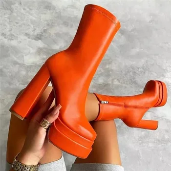 2023 סקסי עבים קרסול עקבים גבוהים נעלי נשים פאנק סגנון רוכסן עבה פלטפורמת גמישות מיקרופייבר מגפיים Sapatos Femininos