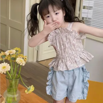 2023 קוריאנית הקיץ ילד ילדה הבגדים סט כותנה פרחוני ורך האפוד חליפת ג ' ינס קפלים אלסטי המותניים בגדים 1-7Y ילדים