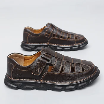 2023 קיץ גברים נעלי עור אמיתי כפכפים פלטפורמת נעלי גברי נעלי גברים עור טרקים ספורט סנדלים בתוספת Size39-47
