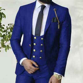 2023 תחפושת Homme איטלקי עסקים Slim Fit 3 חלקים בצבע כחול רויאל חליפות גברים חתן הנשף חליפות שושבינים בלייזר לחתונה