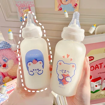 320ml Kawaii תות שדה דוב זכוכית מוצץ, בקבוק מים קש גביע עבור ילדים מבוגרים חלב חלבית פרסום שותה בקבוקים