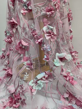 3D פרחים בד 5 מטר 2023 באיכות גבוהה טול רקום צרפתית הניגרי תחרה בד מסיבת חתונה שמלת ערב