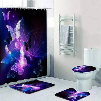 3D שחור סגול לילה זוהר פרפרים וילון מקלחת סט קלאסי מופשט פיות פרפר אמבטיה וילונות אמבטיה עיצוב שטיחים