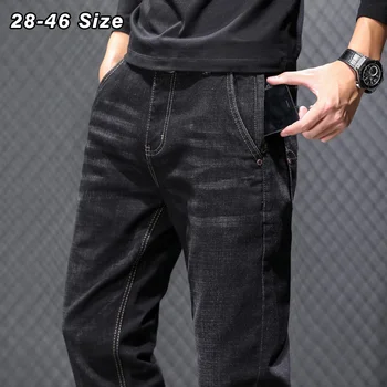 42 44 46 גודל פלוס ג 'ינס של גברים סתיו חורף קלאסי שחור אפור באגי ישר מכנסיים אלסטיות מזדמן מכנסי ג' ינס בגדים