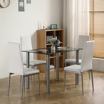 5 חלקים שולחן אוכל להגדיר מצוידים 1 שחור עטוף זכוכית שולחן אוכל & 4 PVC לבן כסאות מתאים מטבח ופינת אוכל בחדר.