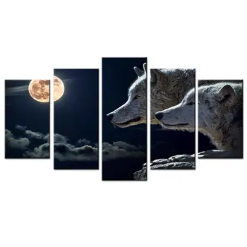 5 יח ' /סט בעלי חיים בד HD הדפסת הציור המודרני זאב עם הירח אמנות קיר תמונה לקישוט הבית קישוט