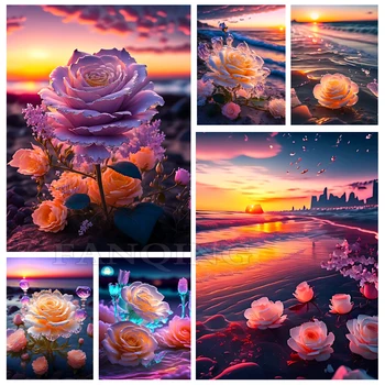 5D DIY יהלום הציור רומנטי חוף רוז פרחים יהלום רקמה שקיעה, נוף פסיפס מלא תצוגה ריינסטון דקור Y80