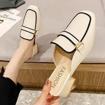 Baotou חצי נעלי נשים קיץ החיצון ללבוש 2023 חדש קיץ אופנה נעלי העקב עבה מולר סנדלים חצי מגש יחיד נעליים