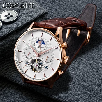 CORGEUT 44mm עסקי אופנה יוקרה Mens שעון עמיד למים מינרליים זכוכית אוטומטי מכני בשבוע תאריך הירח שלב שעון לאדם.