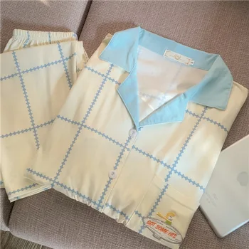 Fdfklak קוריאנית חדשה של נשים פיג ' מה להגדיר דש חולצת שרוול ארוך מכנסי החליפה אביב סתיו הביתה בגדים Loungewear לישון Pijamas