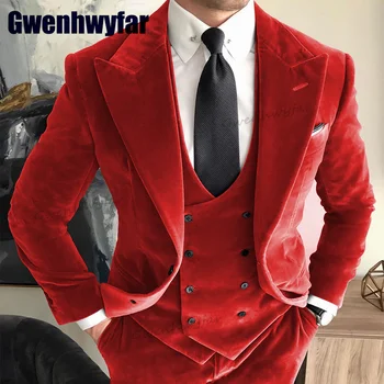 Gwenhwyfar יוקרה קטיפה אדומה עישון גברים מעילי החליפה קבע שיא דש רשמית חליפות 3 חלקים מסיבת חתונה נשף החליפה בלייזר סטים