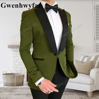 Gwenhwyfar קלאסי ירוק צבאי יחיד עם חזה חליפות גברים שיא דש Costome Homme דפוס נשף מסיבת הבמה Slim Fit אופנתי