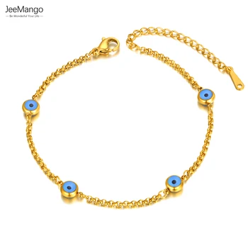 JeeMango אופנה נירוסטה צמיד חוליות שרשרת בציר 18K מצופה זהב כחול טורקית העיניים צמיד לנשים JB22037