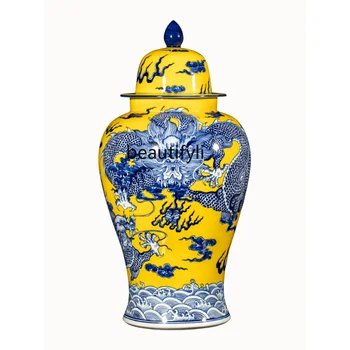 Jingdezhen קרמיקה כחול ולבן פורצלן המקדש צנצנת יד מצוירים עתיקים זיגוג צהוב אגרטל ריהוט קישוטי תפאורה