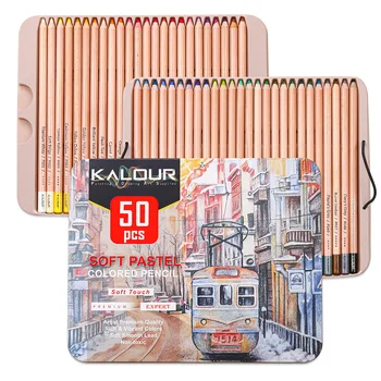 KALOUR חדש 50 יצירה מקצועית רכים פסטל עפרונות עץ עור גווני פסטל עפרונות צבעוניים לציור בבית הספר