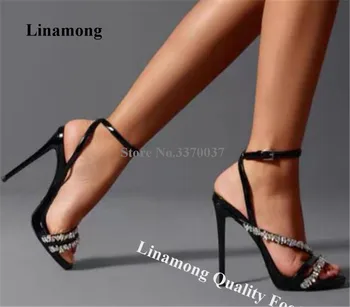 Linamong אלגנטי גדול Rhinestones דק עקב סנדלים שחורים מעור גבישים רצועות העקב פגיון נעלי שמלת מסיבת משאבות