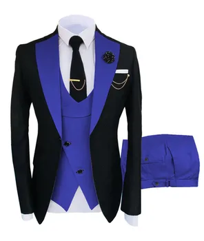 Mens חליפה 3 חלקים רשמית אופנה מוצק צבע שטוח ' קט טוקסידו לחתונה החתן הים בורגנדי (בלייזר+אפוד+מכנסיים)