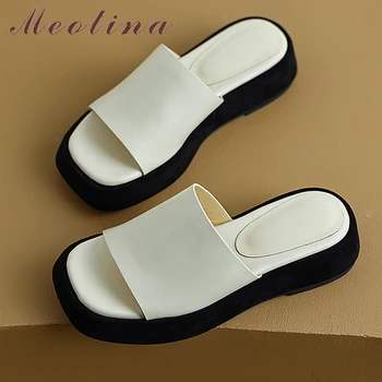 Meotina עור אמיתי נעלי נשים שטוחה פלטפורמה סיבתי נעלי פיפ הבוהן אופנה גברת נעלי קיץ בז ' שחור עור פרה