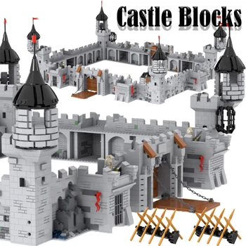 MOC מימי הביניים, חומות העיר גייטס אבני הבניין צבאי סצנות מגדל הטירה הקרב חייל דמויות נשק בית לבנים צעצועים