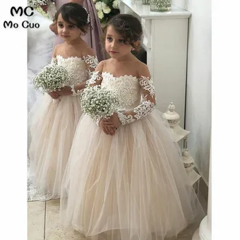 Mocuo 2020 מקסים פרח ילדה שמלות שרוול ארוך לילדים שמלות ערב טול צוואר עגול ילדה שמלות לנשף שמלות תחרות