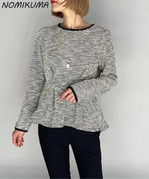 Nomikuma אלגנטי סלים מותניים קפלים צמר שרוול ארוך אישה חולצות 2023 יפן סגנון אופנה O-צוואר לכל היותר Camisas Mujer Verano