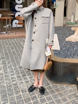 OFTUBY 2023 X-זמן אחת עם חזה האופנה החורף לנשים המעיל דו צדדי תערובות צמר קשמיר רופף חם יוקרה חדש אופנת רחוב