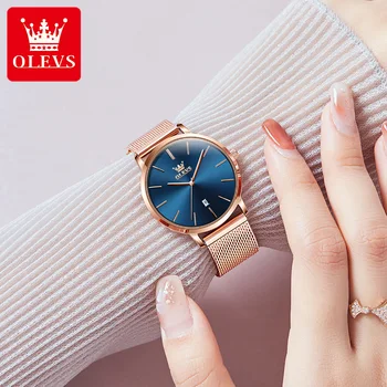 OLEVS 5869 נירוסטה רצועה עמיד למים שעון לנשים, אופנה, יפן קוורץ באיכות גבוהה נשים שעוני יד לוח שנה