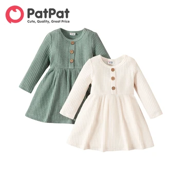 PatPat ילדה לחצן חזית מוצקה צלעות לסרוג ארוך שרוול שמלת