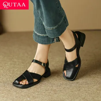 QUTAA 2023 נשים סנדלי גלדיאטור פלטפורמות עור אמיתי עובד נעליים מזדמנים אישה הפנאי נמוך עקב קרסול רצועה בגודל 34-43