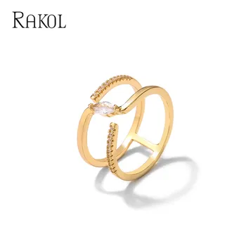 RAKOL גיאומטריות שכבה כפולה טבעות לנשים קוריאני גרסה עדינה משובצת אבן זירקון האצבע טבעת הגברת מסיבת תכשיטים