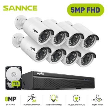 SANNCE H. 265+ 8CH 5MP POE מצלמת אבטחה ערכת מערכת 8PCS 5 מגה פיקסל HD מצלמת IP חיצונית עמיד למים מצלמות במעגל סגור, מצלמות מעקב NVR להגדיר
