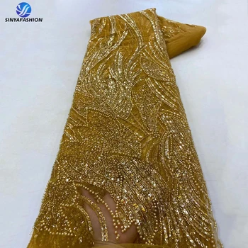 Sinya חם מכירת כבד חרוזים כלה תחרה בד הסיטוניים פאייטים נטו אפריקה תחרה בד תפירת השמלה.