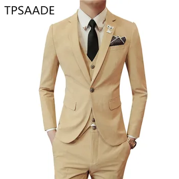 TPSAADE צבע טהור הגברים ז 'קט עם מכנסיים וגופייה עיצוב דק גברים שמלה 3 חתיכות להגדיר (ז' קט+אפוד+מכנסיים) גברים חליפות חתונה