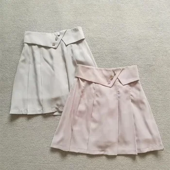 WAKUTA יפנית מוצק צבע כפתורים עיצוב Faldas Flanging Kawaii ורוד מיני טרי לראשונה חצאית 2023 הקיץ החדש לא סדיר קפלים החצאית