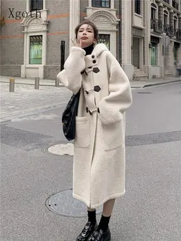 Xgoth הברדס אבזם Lambswool צמר מעיל נקבה החורף 2023 אלגנטי הנשים לעבות מעיל Oversize קוריאני עם ברדס מעיל