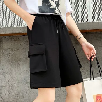 Xpqbb Harajuku שחור המכנסיים נשים Y2K BF היפ הופ כיסים רחב הרגל מכנסיים קצרים מזדמנים גבוהה המותניים ישר מכנסיים קצרים נשיים