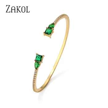 ZAKOL אישיות אופנה גיאומטרי מרובע ירוק זרקונים קאף צמידי לנשים ילדה צבע זהב תכשיטים צמיד