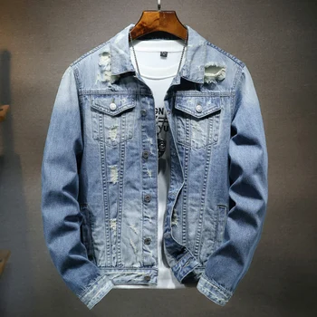 אביב סתיו כחול שיפוע ג 'ינס ג' קט אישיות חור קרע היפ-הופ ג 'ינס ג' קט בד רך הכיס הפנימי של הגברים ז ' קט