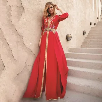 אדום מרוקאי Kaftan גלימה מוסלמית שמלות ערב קו חצי שרוולים שיפון אפליקציות דובאי ערבית טורקיה Abaya האסלאמית שמלת