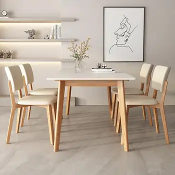 אוכל עץ מלא, שולחן שמנת בסגנון משק הבית דירה קטנה מודרני לבן פשוט רוק לוח שולחן אוכל מלבני האוכל