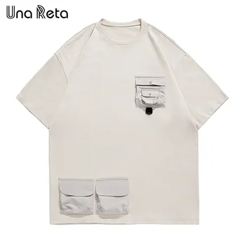 אונה Reta אופנת רחוב הגברים חולצה קיץ חדש Harajuku שרוול קצר חולצות גברים רטרו חופשי היפ הופ אסימטרי כיס עיצוב טי-שירט